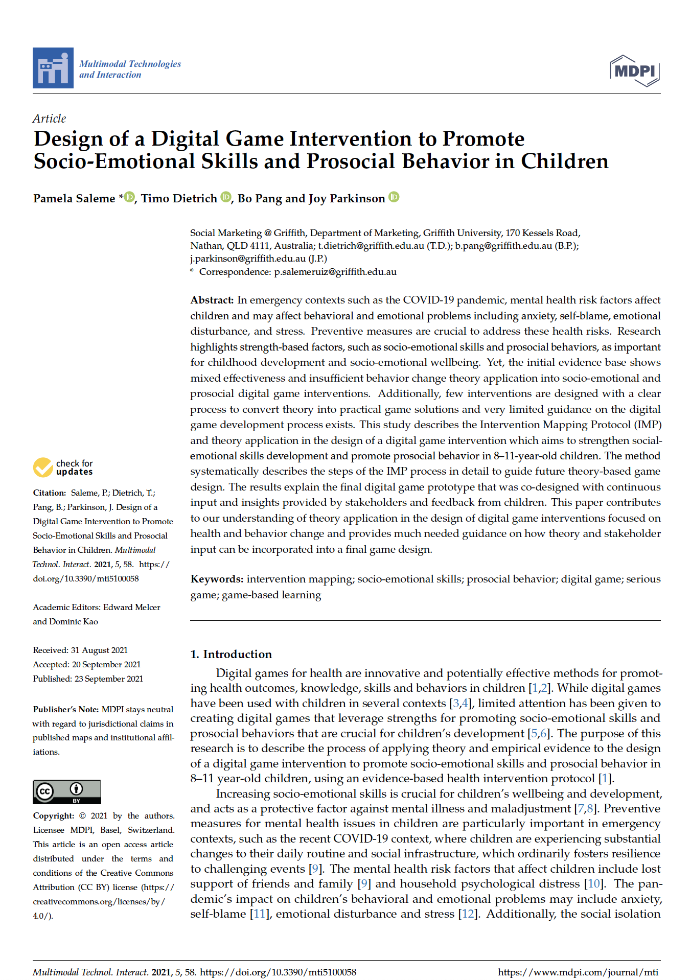 Design of a Digital Game Intervention to Promote Socio-Emotional Skills and Prosocial Behavior in Children Socio-Emotional Skills and Prosocial Behavior in Children