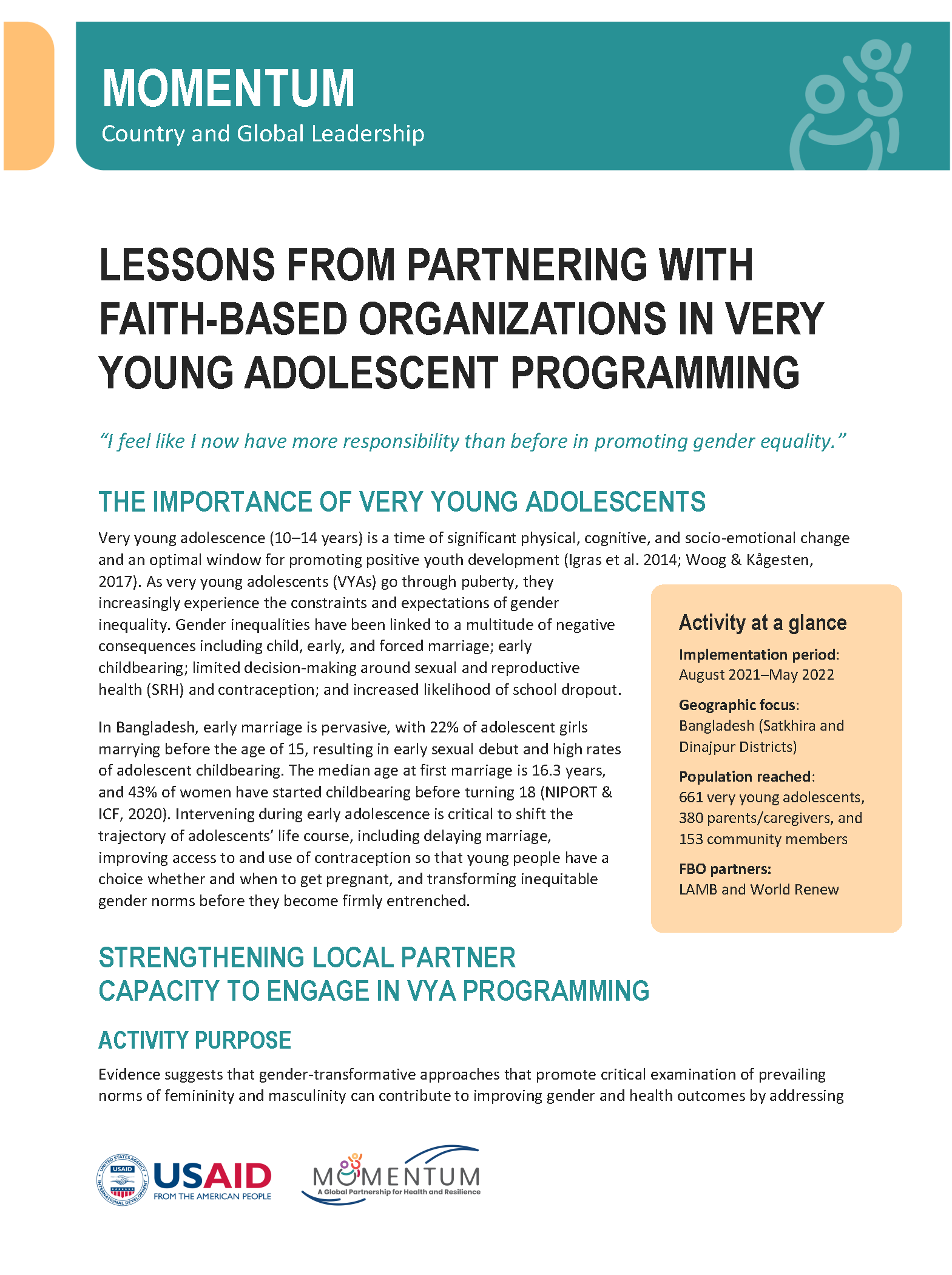 Lessons from Partnering with Faith-Based Organizations in Very Young Adolescent Programming