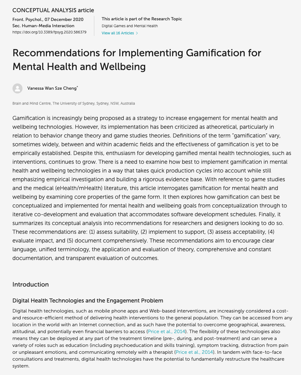 Recommendations For Implementing Gamification for Mental Health and Wellbeing
