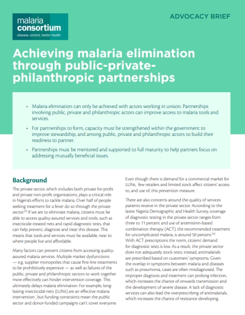 Achieving malaria elimination through public-private-philanthropic partnerships