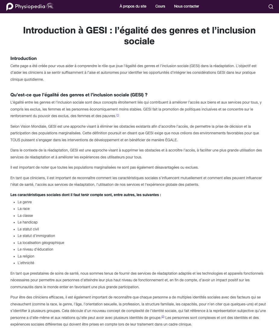 Physiopedia. Introduction à GESI : l’égalité des genres et l’inclusion sociale