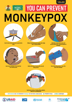 A poster with pictures explaining how to prevent mpox